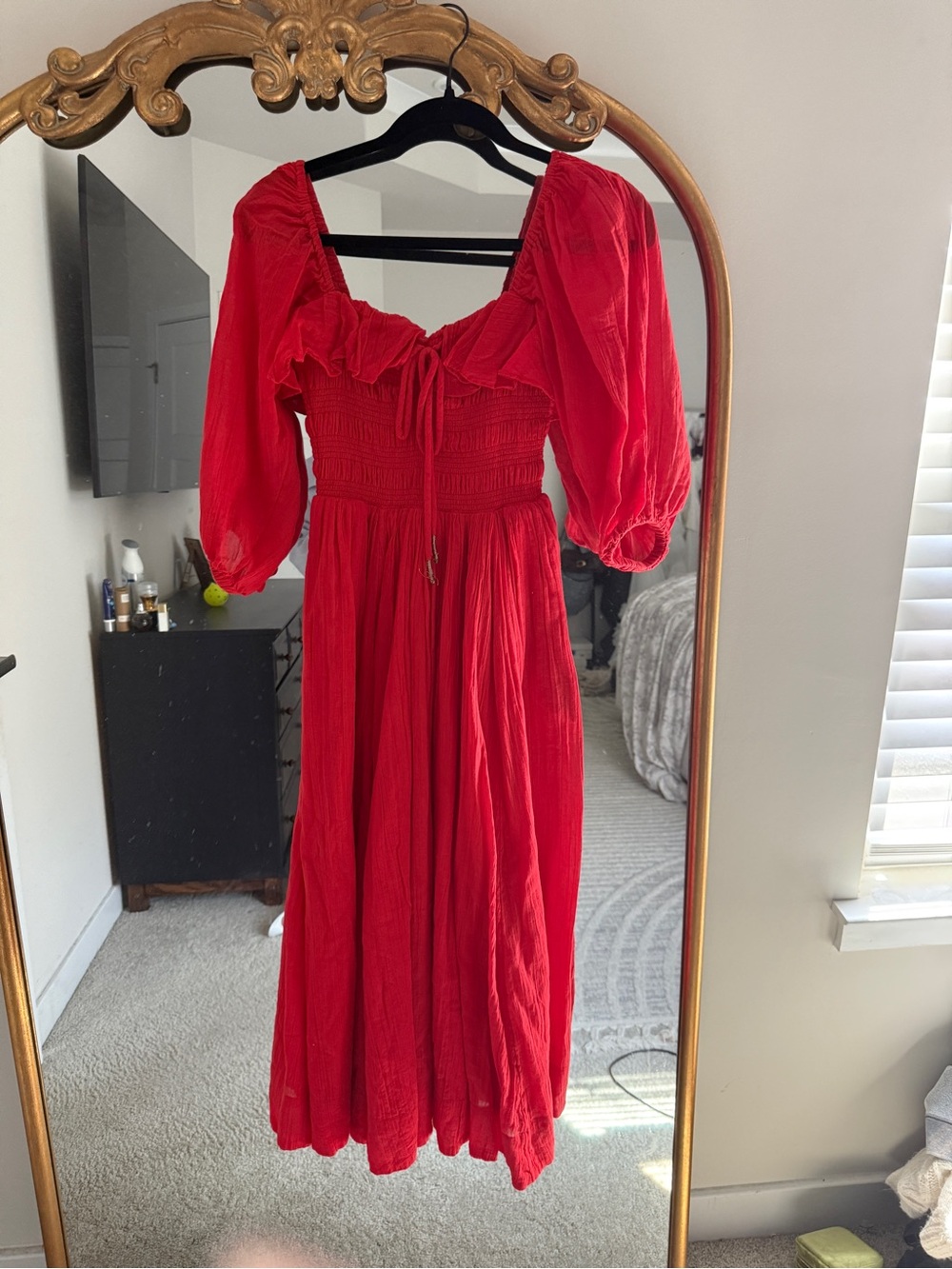 Free People Red Puff-Sleeve Midi Dress